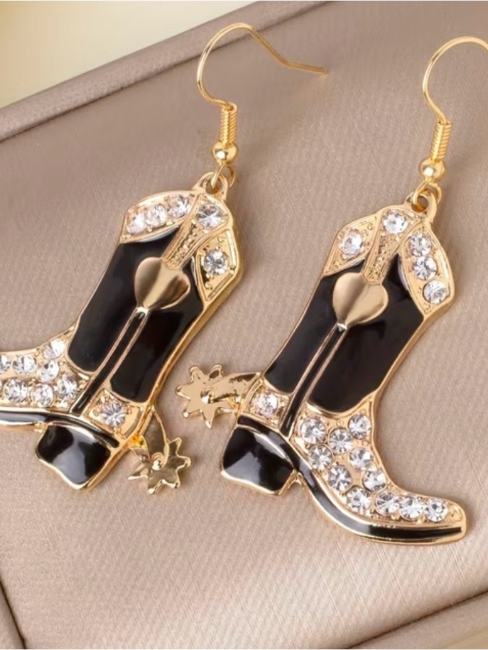 Gold & Black Crystal Cowboy Boot Dangle Earrings